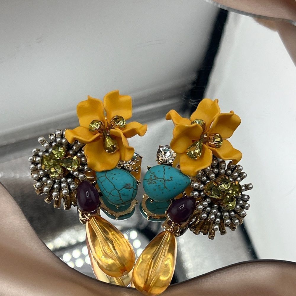 Vibrant Statement Floral Yellow Drop Earrings with Beaded Details - Picture 6 of 8